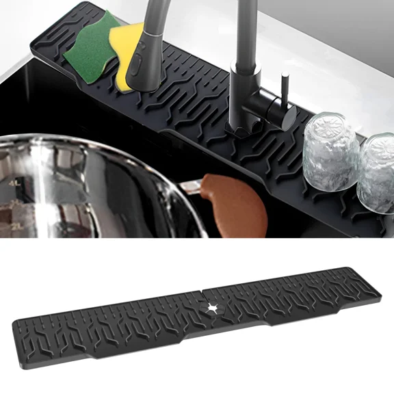 Silicone Sink Splash Guard – Faucet Drip Catcher & Countertop Protector Mat, Quick-Dry Non-Slip Tray For Kitchen & Bathroom (Black/Grey, 34" X 6")
