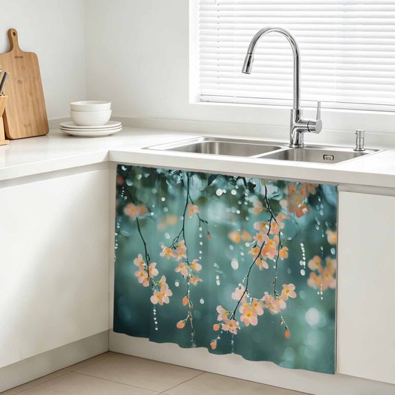 Spring Florals Cabinet Curtain, Water Droplets Sink Skirt for Bathroom, Under Sink shelf Curtain Privacy Drape for Kitchen Laundry Room 10x11in