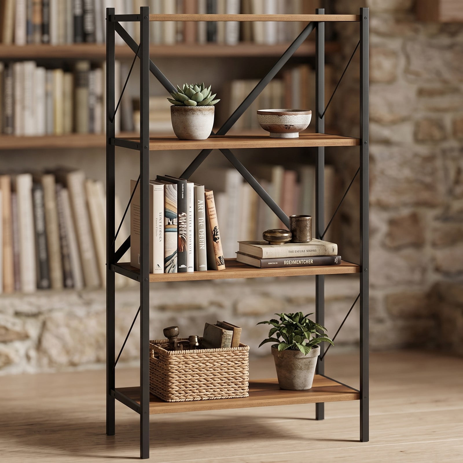 Furnibear 4-Tier Bookshelf with Heavy-Duty Metal Frame, X-Braced Freestanding Storage Bookcase Organizer Plant Stand for Living Room Bedroom Home Office, Walnut