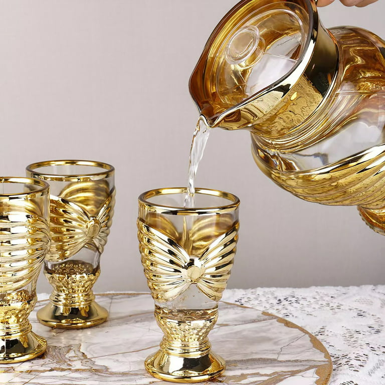 Nordic Vertical Pattern Glass Water Cup with Golden Rim Bottle Cold Cool  Household Set