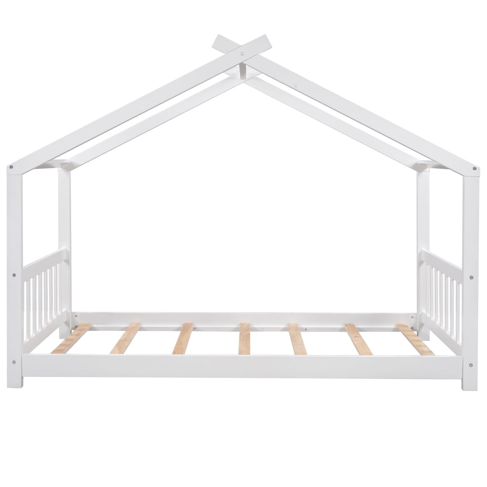 Twin Size House Bed for Kids & Teens,Solid Wood Twin Size Floor Montessori Bed with Headboard & Footboard, Toddlers House Floor Bed with Roof and Slat, No Box Spring Need,Espresso Bed Frame,White