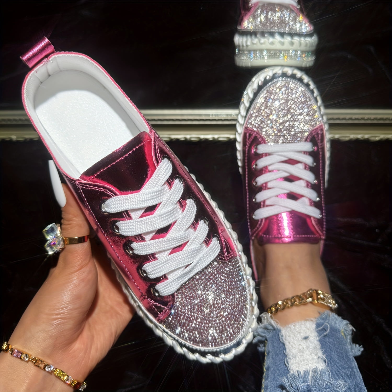 Women s Rhinestone Flat Sneakers Round Toe Lace Up Low Top Skate Shoes All Match Outdoor Trainers Walmart