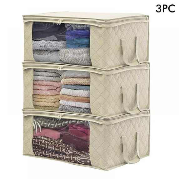 3 Pack Large Capacity Clothes Storage Bag Organizer with Reinforced Handle Thick Fabric for Comforters, Blankets, Bedding, Foldable with Sturdy Zipper, Clear Window