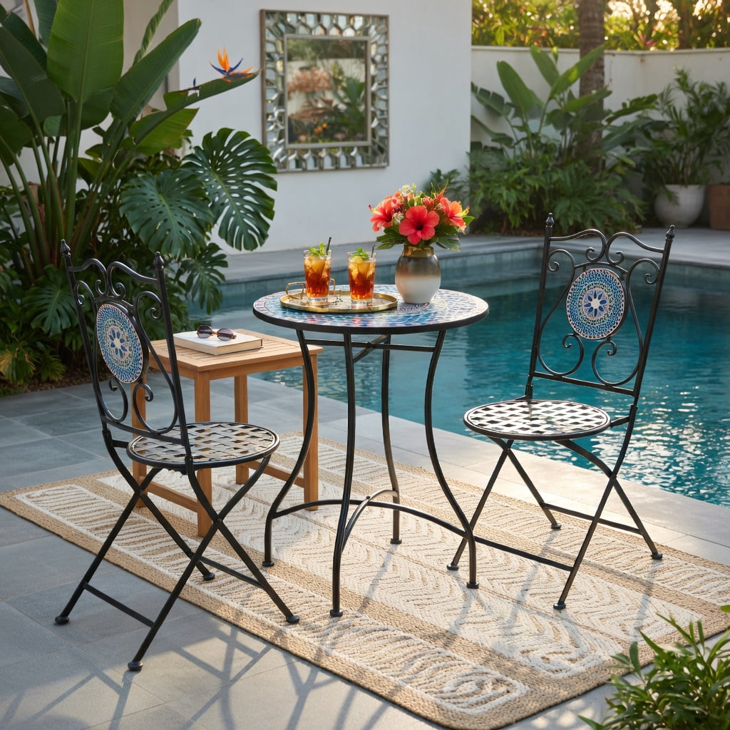 Hommoo 2-Pack Folding Patio Chairs with Mosaic Tile Design, Heavy-Duty Metal Frame, Indoor/Outdoor Use, Black