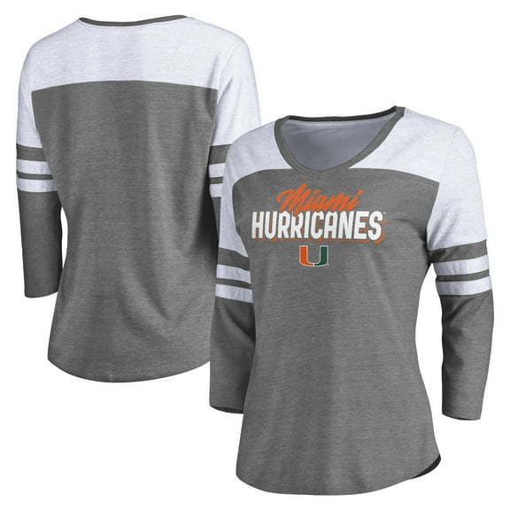 Women's Fanatics Branded Heathered Gray/White Miami Hurricanes Hustle Tri-Blend 3/4-Sleeve V-Neck T-Shirt