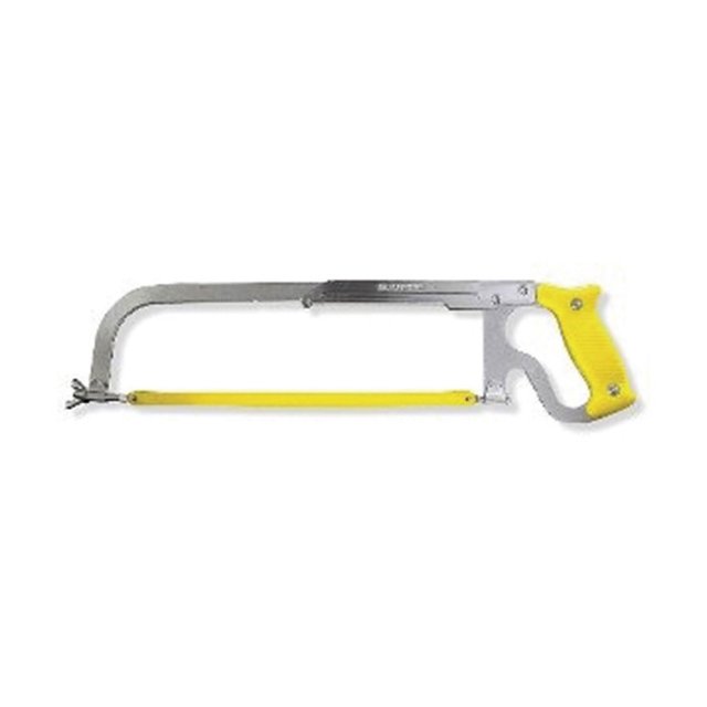 arco para segueta amarillo, arco segueta ajustable de solera reforzado con mango bimaterial de polivinilo y solera de acero, vista lateral centrada del marco en U, barra tensora y empuñadura con agarre, compatible con seguetas de 10 y 12 pulgadas y indicado para trabajo pesado; a menudo usado para cortes manuales en carpintería y bricolaje.