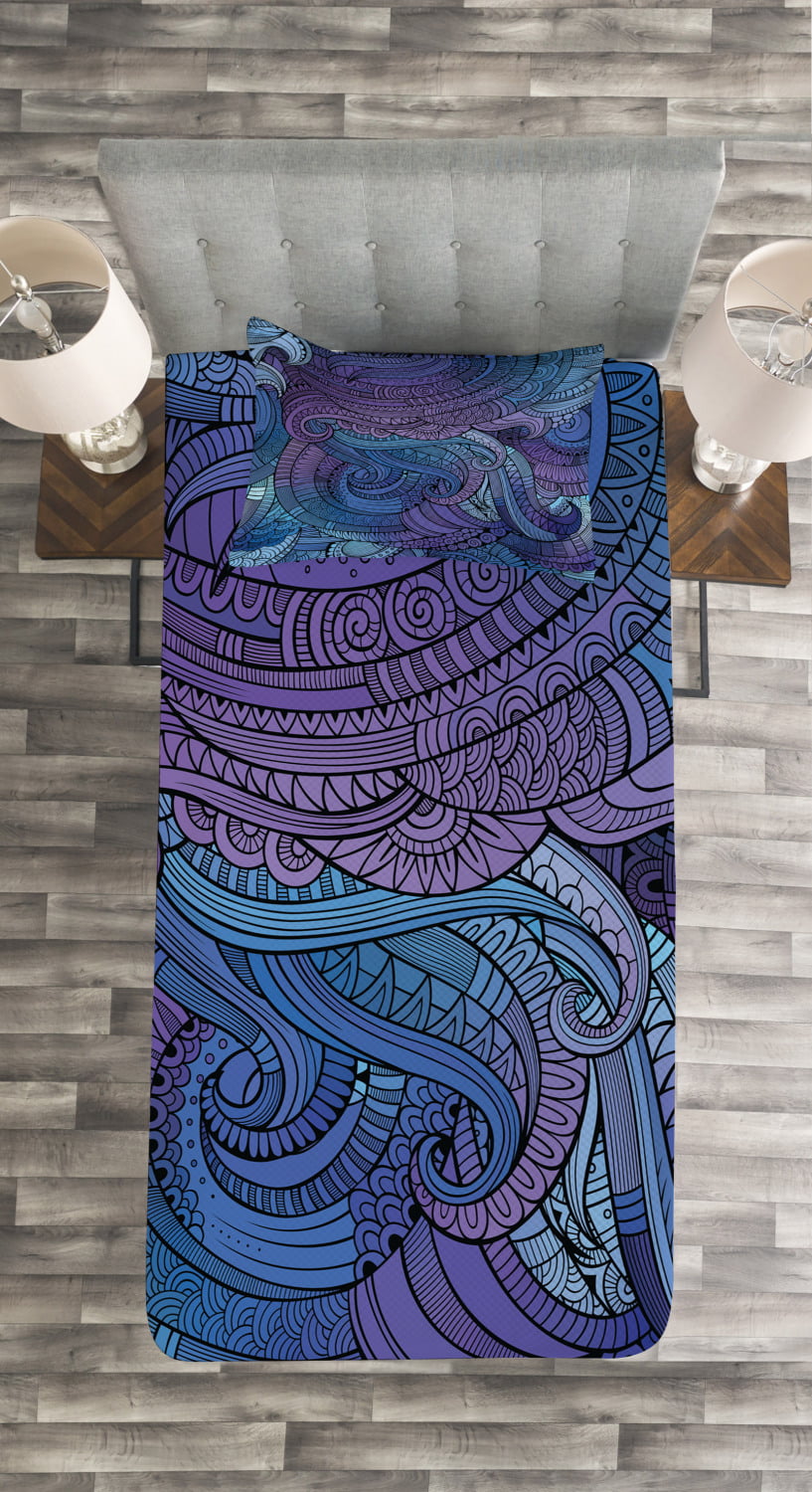 Abstract Bedspread Set Queen Size, Ocean Inspired Graphic Arabesque Paisley  Swirled Hand Drawn Ethnic Artwork Print, Quilted Piece Decor Coverlet Set  with Pillow Shams, Purple Blue, by Ambesonne