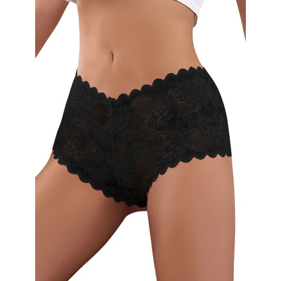 Women's Scalloped Leaf Lace Mid Rise Hipster Panties Black S