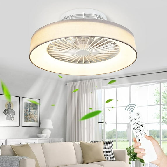 DingLiLighting 25” LED Ceiling Fan with Light and Remote, Gray Flush Mount Ceiling Fan with Light for Living Room, Bedroom, Bladeless Ceiling Fan