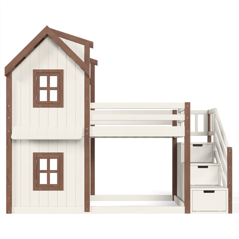 Twin-Over-Twin Kids House Bed Frame with Storage Stairs & Bottom Floor Bed, Playhouse Bunk Bed with Roof & Window