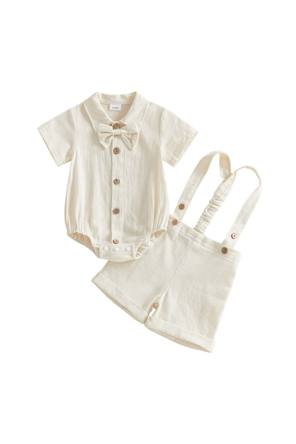 Newborn Baby Boys Summer Clothes Cotton Linen Baptism Day Gentleman Outfit Short Sleeve Bowtie Shirt Romper with Suspender Shorts Set