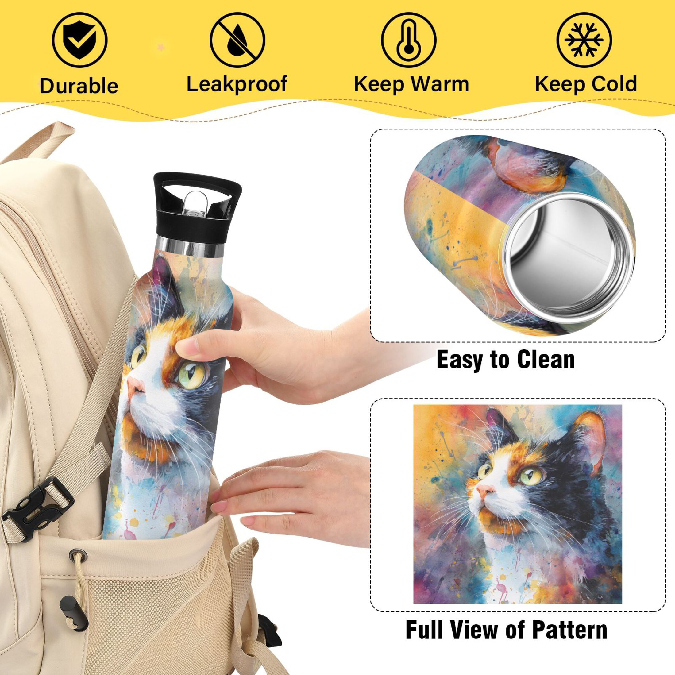 Kids Insulated Stainless Steel Sports Water Bottle 600ml (20oz) Watercolor Calico Cat
