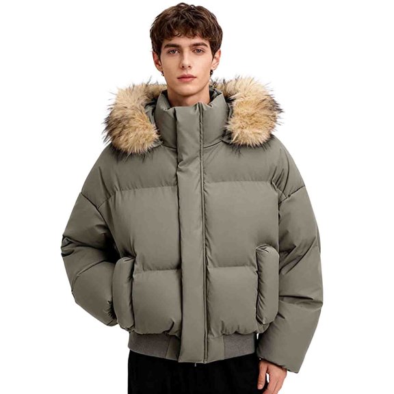 YueHuiYing Men's Solid Color Stylish Hooded Detachable Collar Thickened And Warm Padded Coat Long-sleeved Jacket.
