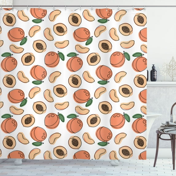 Ambesonne Peach Shower Curtain, Halved and Whole Fruit Motif, 69"Wx84"L, Salmon Fern Green and Caramel
