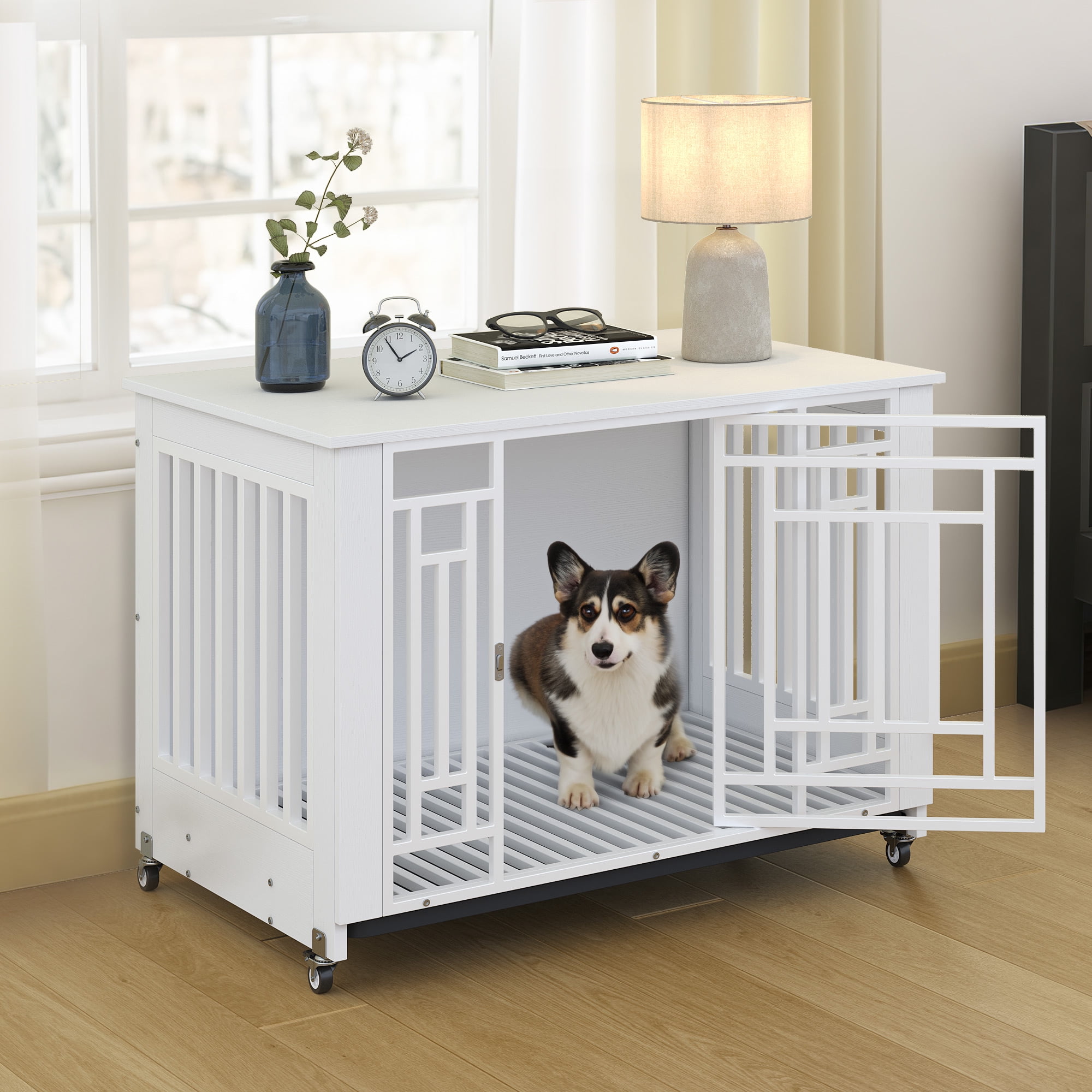 DWVO 38in Dog Crate Furniture with Lockable Door and Wheels, Wooden Side End Table, Heavy Duty Dog Crates for Small Medium Dogs - White