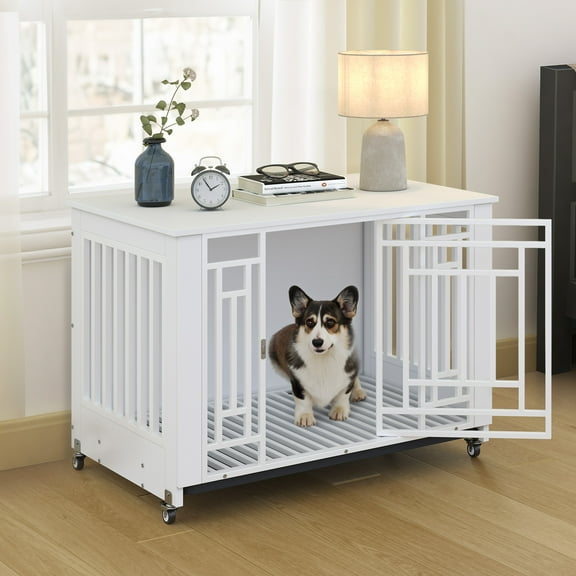 Dextrus Medium Dog Crate with Lockable Door, 38" Heavy Duty Metal Dog Crate and Kennel with Removable Tray and Wheels for Small Medium Large Dogs, White