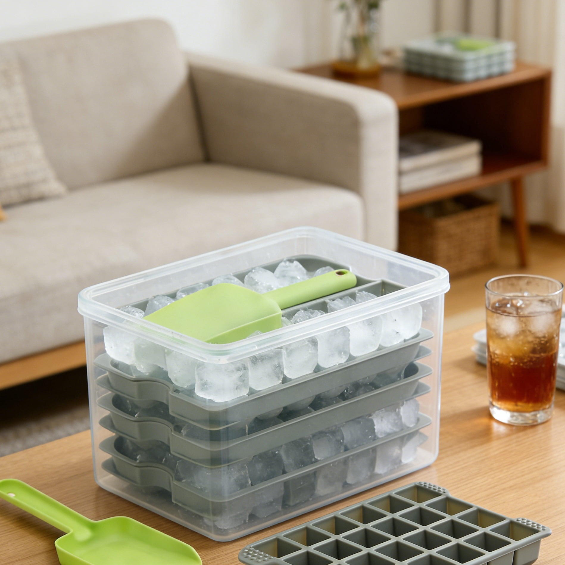 Ice Cube Tray Set with Container & Scoop  4 Pack Silicone Ice Maker for Cocktails, Whiskey, and Coffee, Easy-Release & Stackable