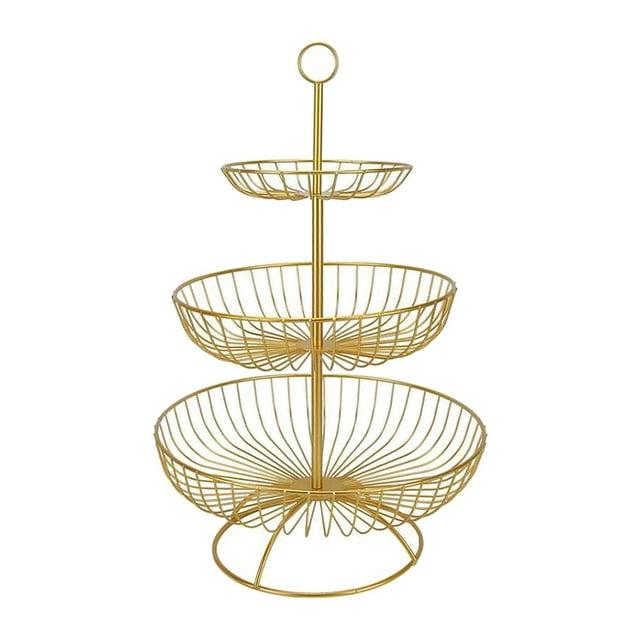 Cesta de frutas de alambre metálico de 3 niveles para verduras, mesa de cocina moderna para el hogar oro