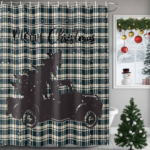 Merry Christmas Shower Curtains for Bathroom, Gray Truck Green Gray Plaid Waterproof Fabric Shower Curtain for Bathroom Bathtub Decoration, Machine Washable, 36"x72"