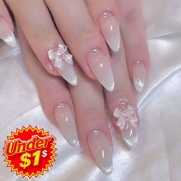 FEOLGEHLY Under 1$ Dollar 24 Pieces Press on Nails Short, Wearable Almond Shaped Fake Nails French False Nails with 1 Jelly Glue and Bow Print, Glitter Nail Art Tips for Spring Summer Manicure Decor
