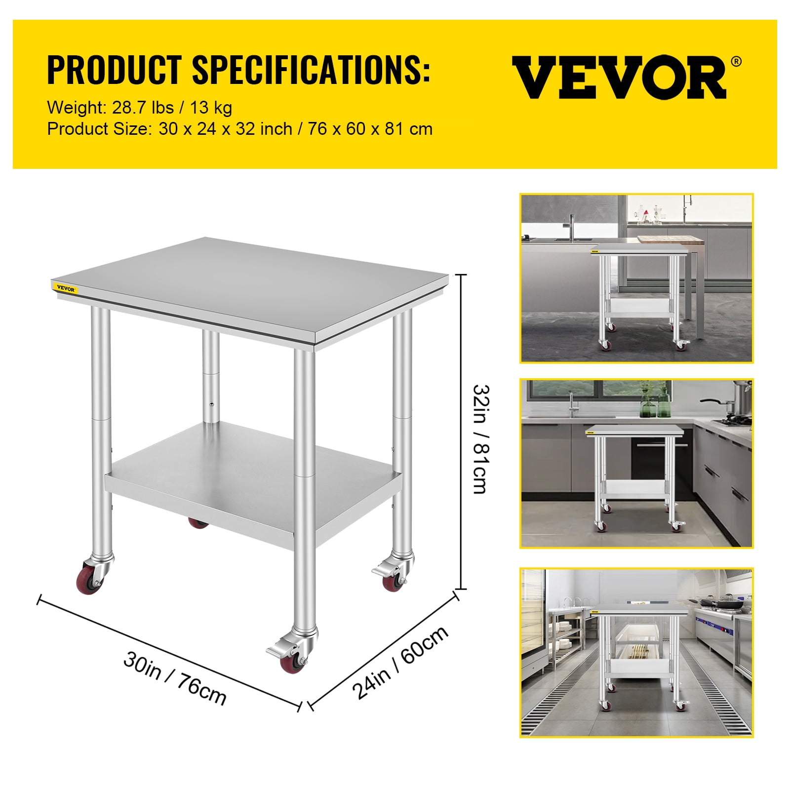 VEVOR 24"x30" Commercial Stainless Steel Heavy Duty Food Prep Work Table Kitchen 