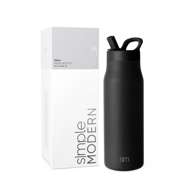 Botella de agua Simple Modern Mesa de 1 litro con tapa de pajita, color negro medianoche