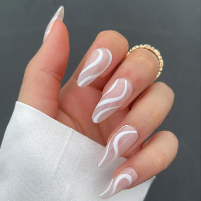 Women Fake Nails With White Lines Skin Friendly Non Toxic Fake Nails For Nail Art Learners Novice