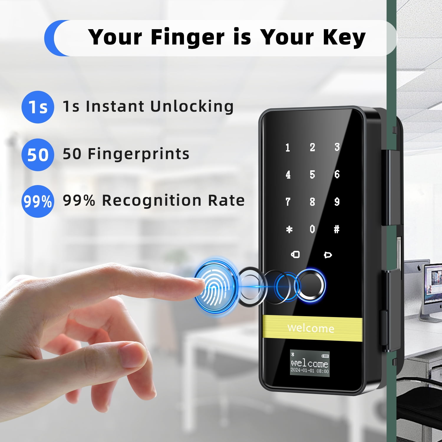 Smart Glass Door Lock,8 in 1 Keyless Entry Fingerprint Deadbolt with App Control,Electronic Deadbolt for Glass Door with Frame,Smart Lock for Glass Front Door/Patio Door/Commercial Glass Door