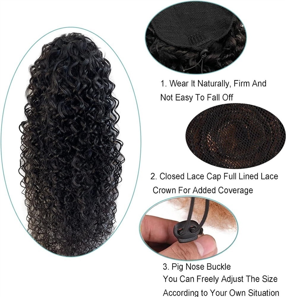 Human Hair Drawstring Ponytail 10-26 Inch Long Deep Wave Ponytail Hair Pieces Natural Color Wave Curly Ponytail Extensions for Women