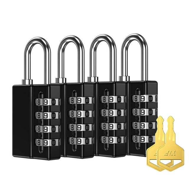 KeeKit Combination Padlock, 4 Digit Combination Lock with Keys, Resettable Waterproof Gate Lock for Locker, Gym, Fence, Case, School & Employee Locker, Toolbox – 4 Pack, 2 Keys, Black