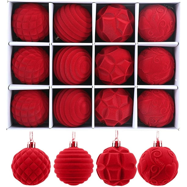 Juego de 12 bolas de Navidad de terciopelo para árbol de Navidad, 2,36 pulgadas, irrompibles, flocadas, para colgar con 4 estilos para decoración de fiestas, bodas y vacaciones (rojo)