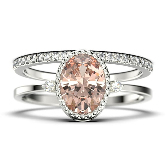 Beautiful Boho And hippie 1.85 Carat Oval Cut Morganite And Diamond Moissanite Engagement Ring, Wedding Ring, One Matching Band in 10k Solid White Gold, Romanic Gift For Her, Promise Ring
