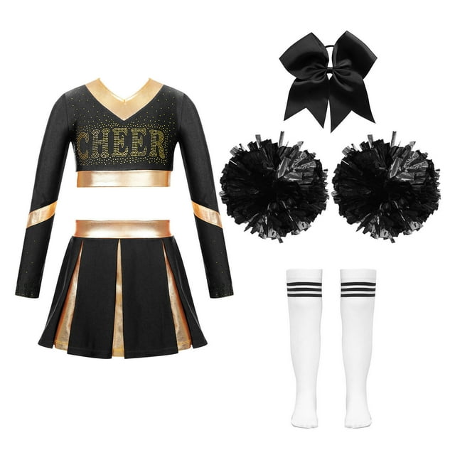 Miaeowve Robe de Cheerleader pour Filles Crop Tops de Lycée avec Jupes Bas Pompon Uniforme d'Équipe Costume Blanc 6