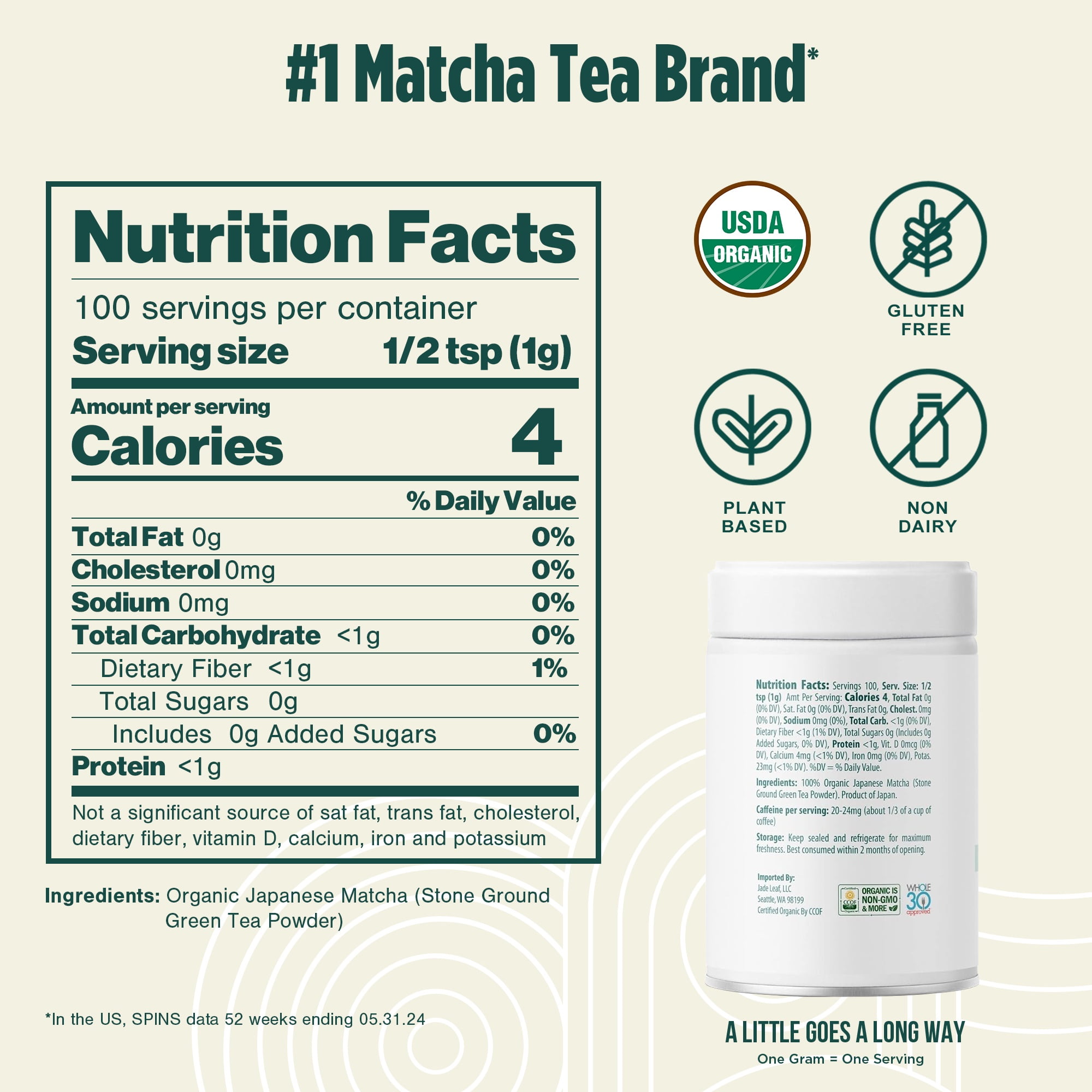 Jade Leaf Organic Ceremonial Grade Matcha Powder, Barista Edition, 3.53 oz Tin