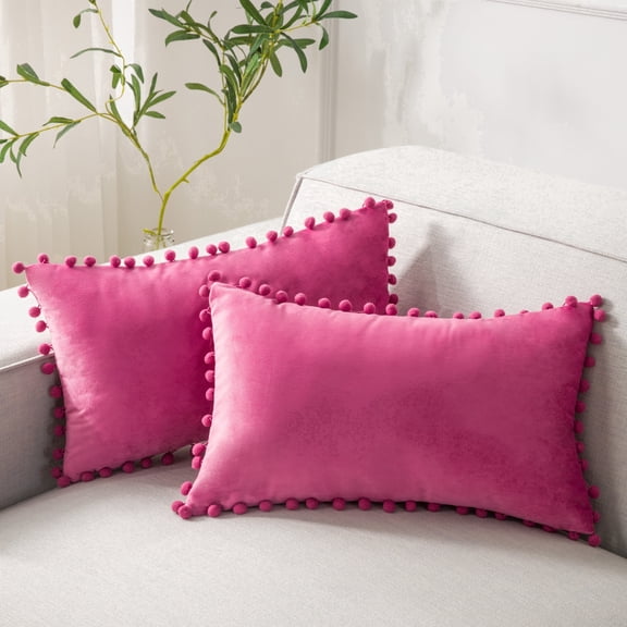 Phantoscope Pink Throw Pillow Covers 2 Pack, 12" x 20" Velvet Decorative Pillow Cases with Pom Poms, Soft Square Cushion Covers for Couch Sofa Bed