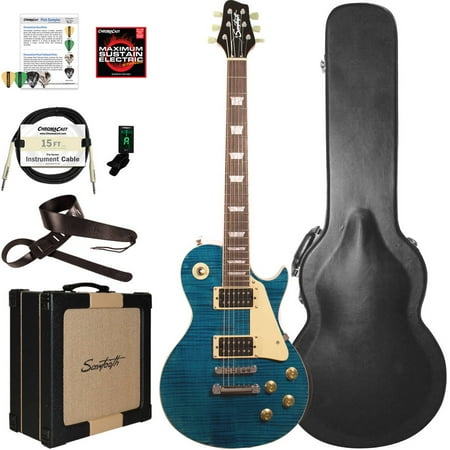 - Sawtooth Heritage Series Flame Maple Top Electric Guitar with ChromaCast Pro Series LP Body Style Hard Case, 25 Watt Amp, and Accessories, Cali Blue Flame (box 1 of 2)