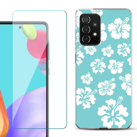 Slim-Fit Flexible Gel TPU Phone Case compatible with Samsung Galaxy A52 5G, with Tempered Glass Screen Protector, by OneToughShield ® - Hibiscus Teal