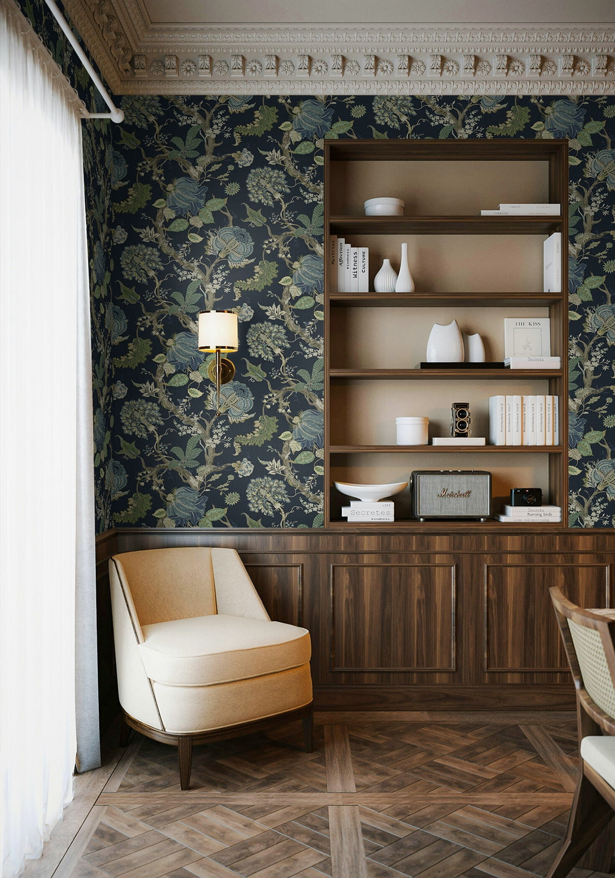 Harry & Grace Midnight Blue & Greenery Jacobean Trail Premium Matte Non-Woven Peel and Stick Wallpaper - 20.5 in. W x 18 ft. L Roll
