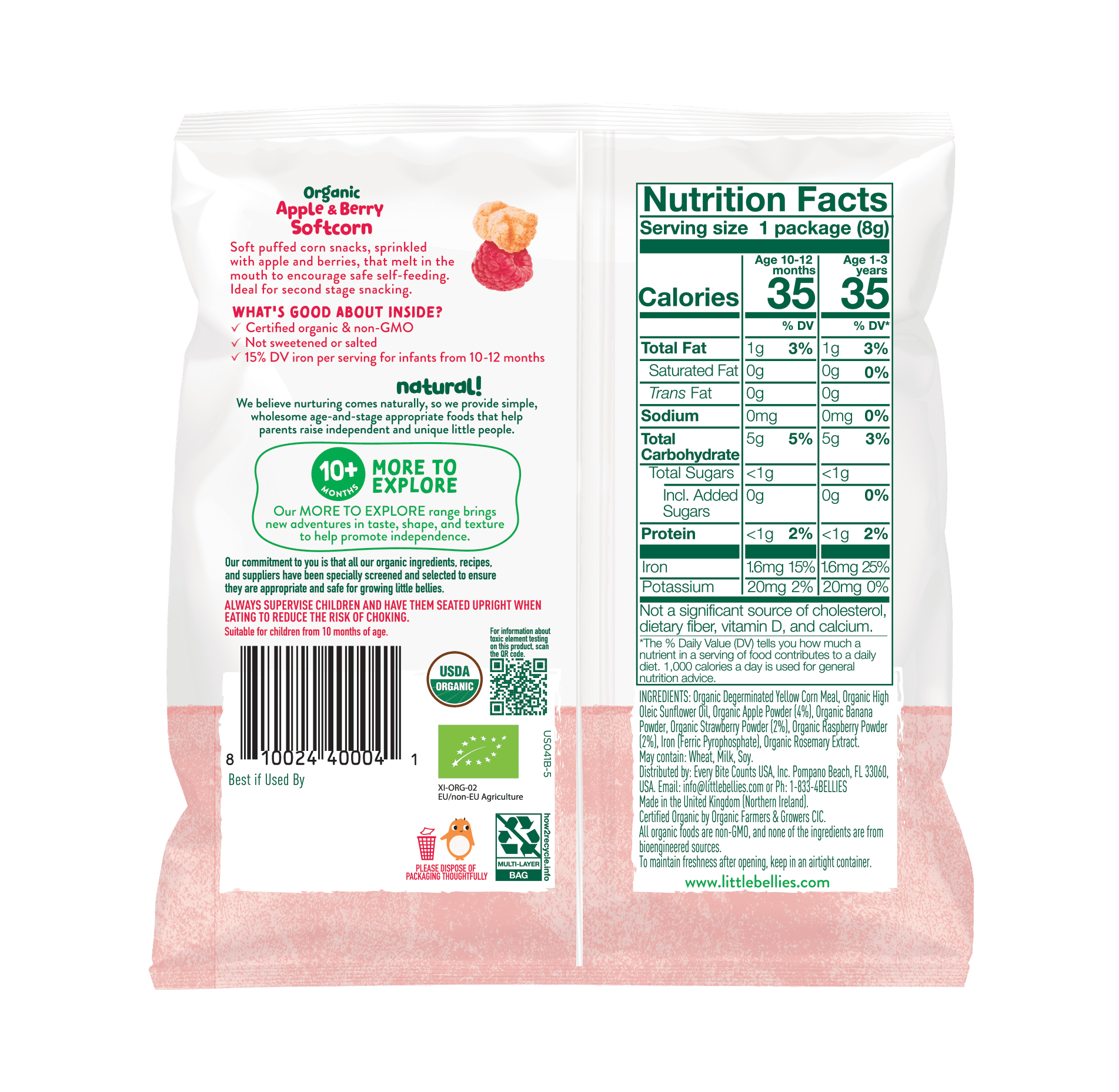 (12 pack) Little Bellies Baby Bellies Organic Apple & Berry Softcorn Snack, 0.28 oz Bag