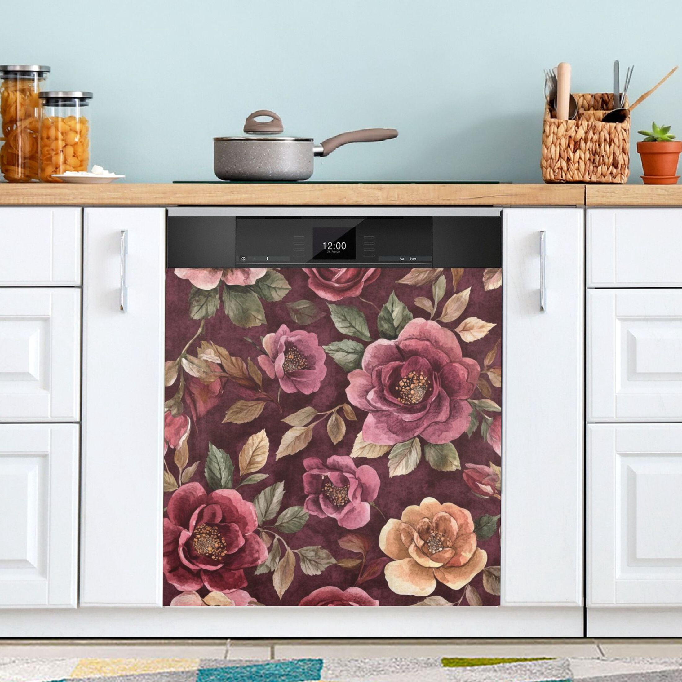 Dishwasher Magnetic Sticker 23x26 Inch Refrigerator Magnetic Sticker Washing Machine Magnetic Sticker Kitchen Panel Magnetic Sticker Home Decor Cartoon Maroon Roses Seamless