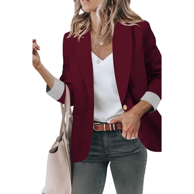 Blazer Genhoo para mujer, manga larga, casual, con bolsillos, rojo vino, XL
