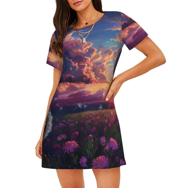 KLL Chemise de Nuit à Manches Courtes Imprimé Pissenlit pour Femmes Confortable Col Rond Mignonne à Volants
