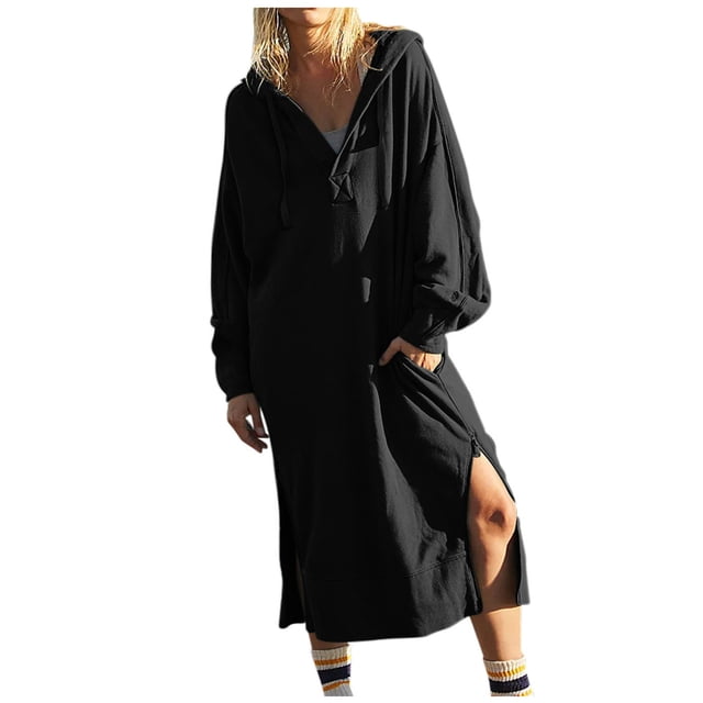 Japceit Robe à Manches Longues pour Femmes Blouses à Manches Longues pour Femmes Mode Femmes Décontracté Manches Longues Solide Dames Hauts à Fermeture Éclair Poche Blouse Chandails en Molleton à Capuche Robe à Capuche Blouses à Manches 3/4 pour Femmes