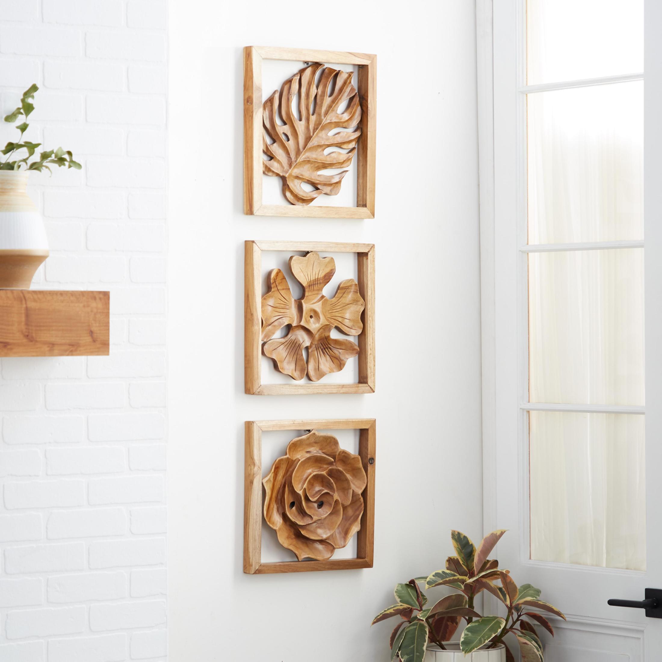DecMode Brown Teak Wood Handmade Framed Carved Leaf and Floral Wall Decor (3 Count)
