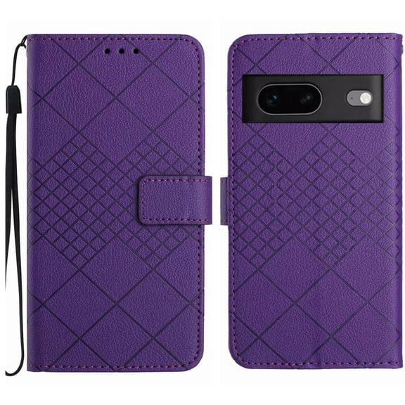 Dteck for Google Pixel 7A Magnetic Case, Premium PU Leather Folio Flip Wallet Case with Card Holder Cash Slot Lanyard Strap Kickstand Function Embossed Pattern Slim Shockproof Cover, purple
