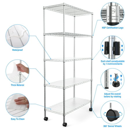 

Heavy Duty 5 Tier Wire Shelving Unit - NSF Certified Adjustable Height Metal Storage Shelves for Garage Kitchen & Office - Chrome Finish Durable Steel Construction