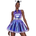 thumbnail image 6 of iiniim Women Alien Cosplay Lapel V Neck Sleeveless A-line Hem Tulle Layers Metallic Dress with Hair Hoop for Role-playing Theme Party Stage Dance Blue 3XL, 6 of 7
