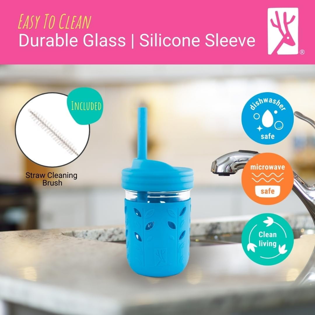 Kids + Toddler Glass Cups | The Original 8oz Glass Mason Jar with Sleeves + Lids | Silicone Straws + Stopper | Smoothie Cup | Food Storage | Spill Resistant | Dishwasher Safe | 4 Pack