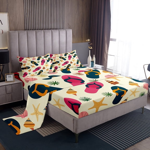 Erosebridal Slippers Print Sheet Set Twin, Flip Flops Twin Sheet Sets, Cute Starfish Bedding Twin Size, Lightweight Bedroom Decor, 3 Pieces