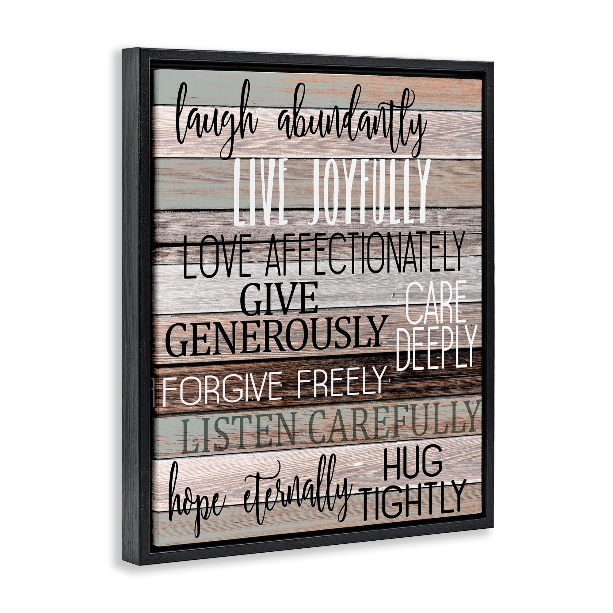 Stupell Industries Live Joyfully Phrases on Wood Grain Brown Tan Teal Jet Black Framed Floating Canvas Wall Art, 16x20, by Kim Allen